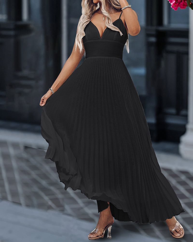 Deep V Neck Adjustable Spaghetti Straps Backless Pleated Dress Elegant Zipper Side Tie Back Maxi Dress