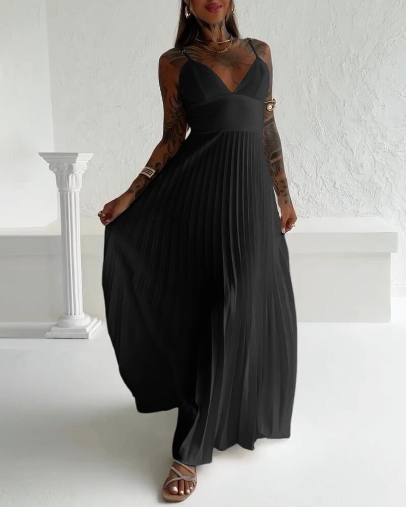 Deep V Neck Adjustable Spaghetti Straps Backless Pleated Dress Elegant Zipper Side Tie Back Maxi Dress