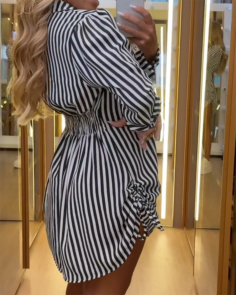 Striped Turn-down Collar Long Sleeve Dress Button Drwastring  Shirred Dress