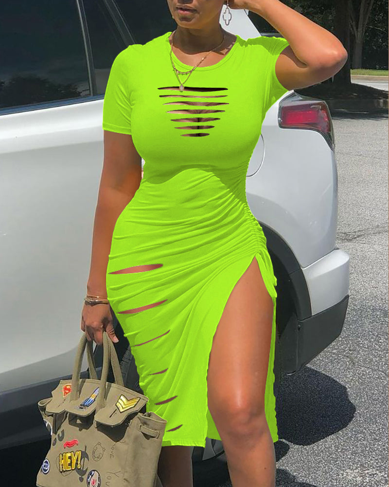 O Neck Short Sleeve Solid Color Cut