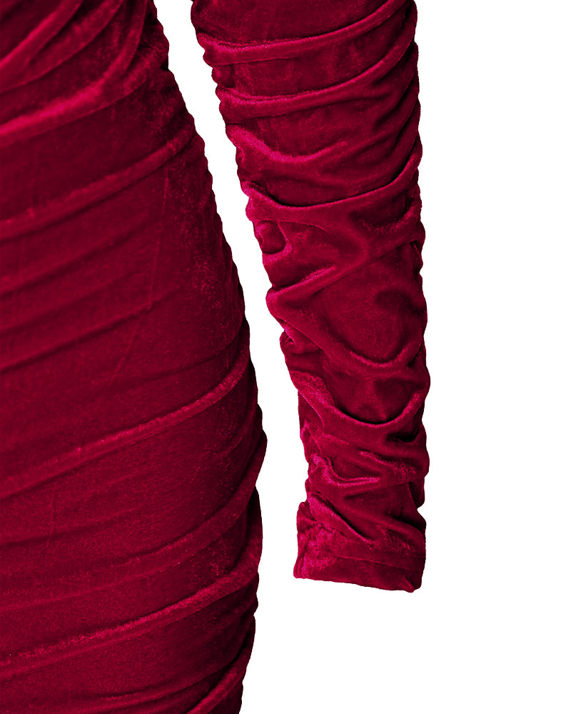 Velvet Mock Neck Ruched Bodycon Dress