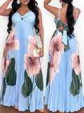 Floral Placement Print Sweetheart Neck Adjustable Spaghetti Straps Backless Maxi Dress Casual Cinched Waist Tie Back Pleated Vacation Dress