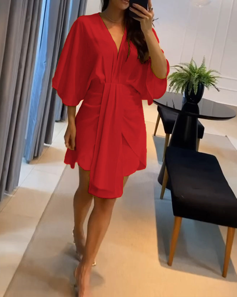 Plunge Bell Sleeve Asymmetrical Hem Casual Dress Draped Mini Dress