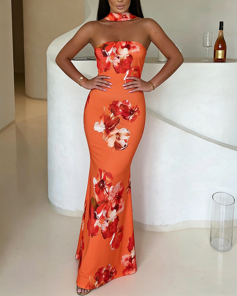 CHICME Women's Tropical Floral Print Mermaid Maxi Dress Convertible Halter Tube Dress Sleeveless Bodycon Evening Dress