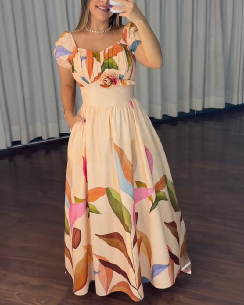 Women's Botanical Print Maxi Dress Vintage Puff Sleeve V-Neck A-Line Dress 3D Flower Detail Shirred Back Vacation Dress with Pockets
