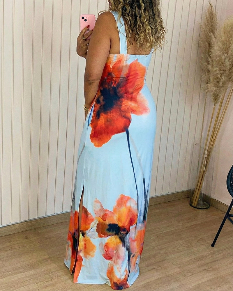 Women's Floral Print Square Neck Cami Dress Sleeveless Side Slit Bodycon Maxi Dress Backless Summer Sundress with Pockets