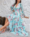Floral Print Deep V Neck Lantern Sleeve Cinched Waist Maxi Dress Shirred Back Ruffle Hem A Line Dress