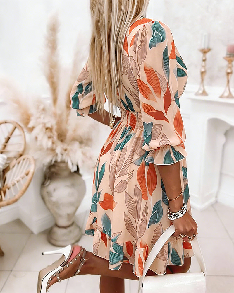 Women's Colorblock Leaf Print Midi Dress Overlap V-Neck Three Quarters Sleeve Shirred Waist Ruffle Hem A-Line Vacation Dress