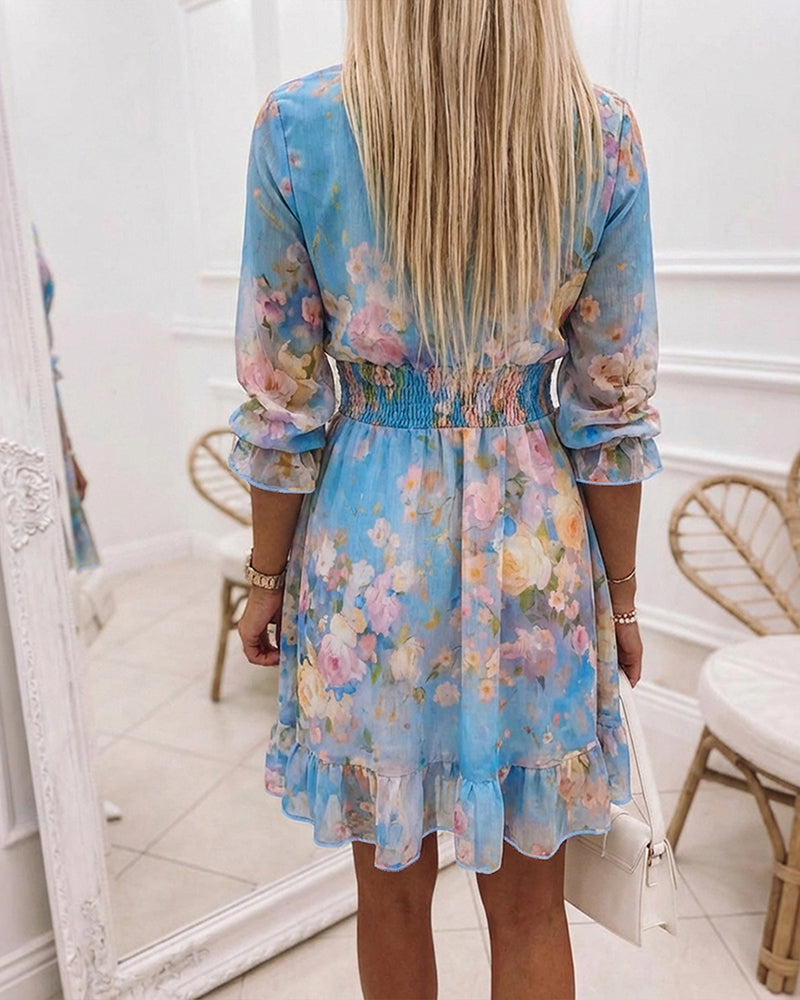Women's Watercolor Floral Chiffon Dress Overlap V-Neck Shirred High Waist Vacation Dress A-Line Ruffle Hem Dress