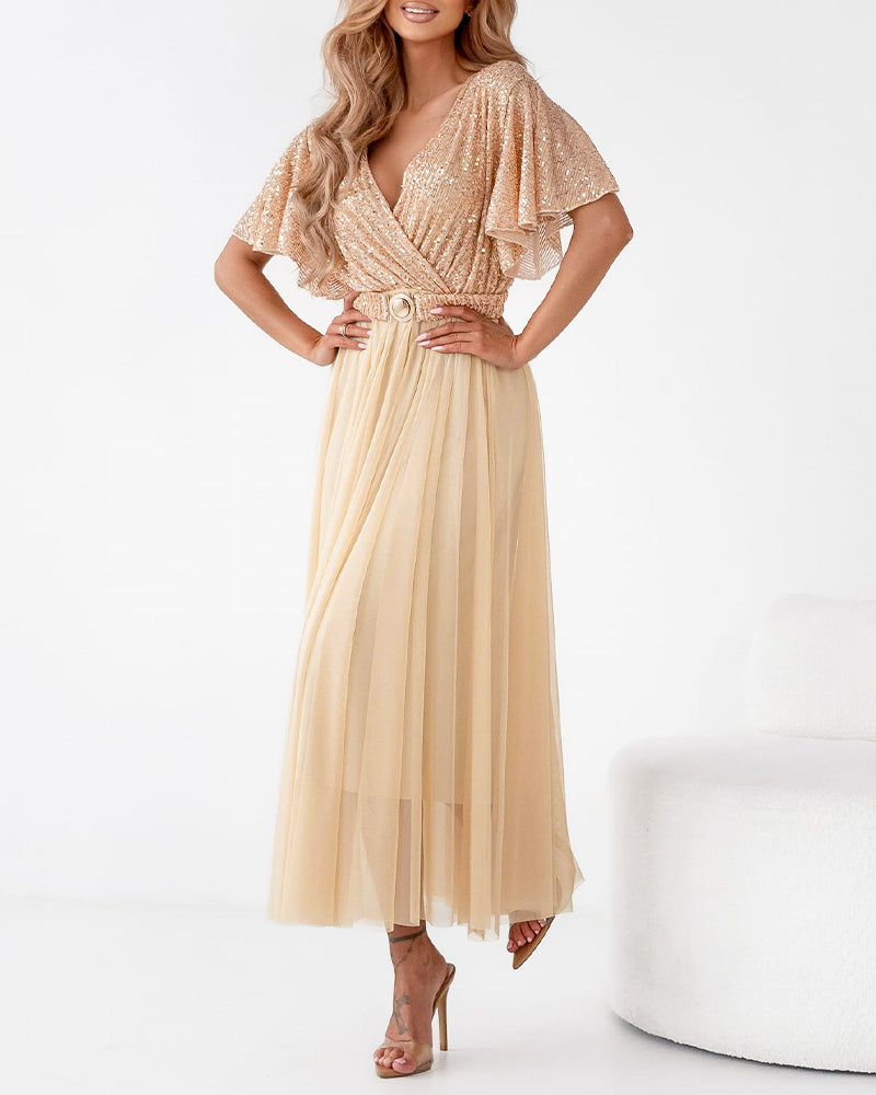 Women's Sequin Overlap V Neck Maxi Dress Sheer Mesh Spliced Gown Butterfly Sleeve A-Line Evening Party Formal Dress with Belt