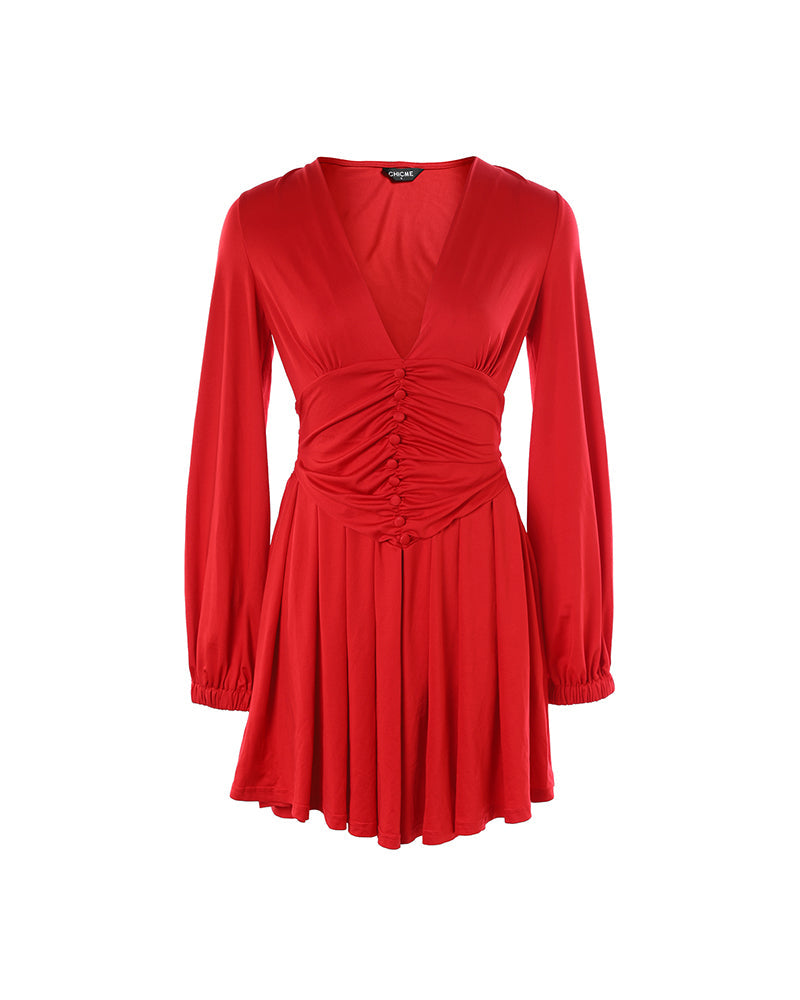 Deep V Neck Lantern Sleeve Ruched Pleated A Line Flowy Dress Single Breasted Decor Cinched Waist Party Dress