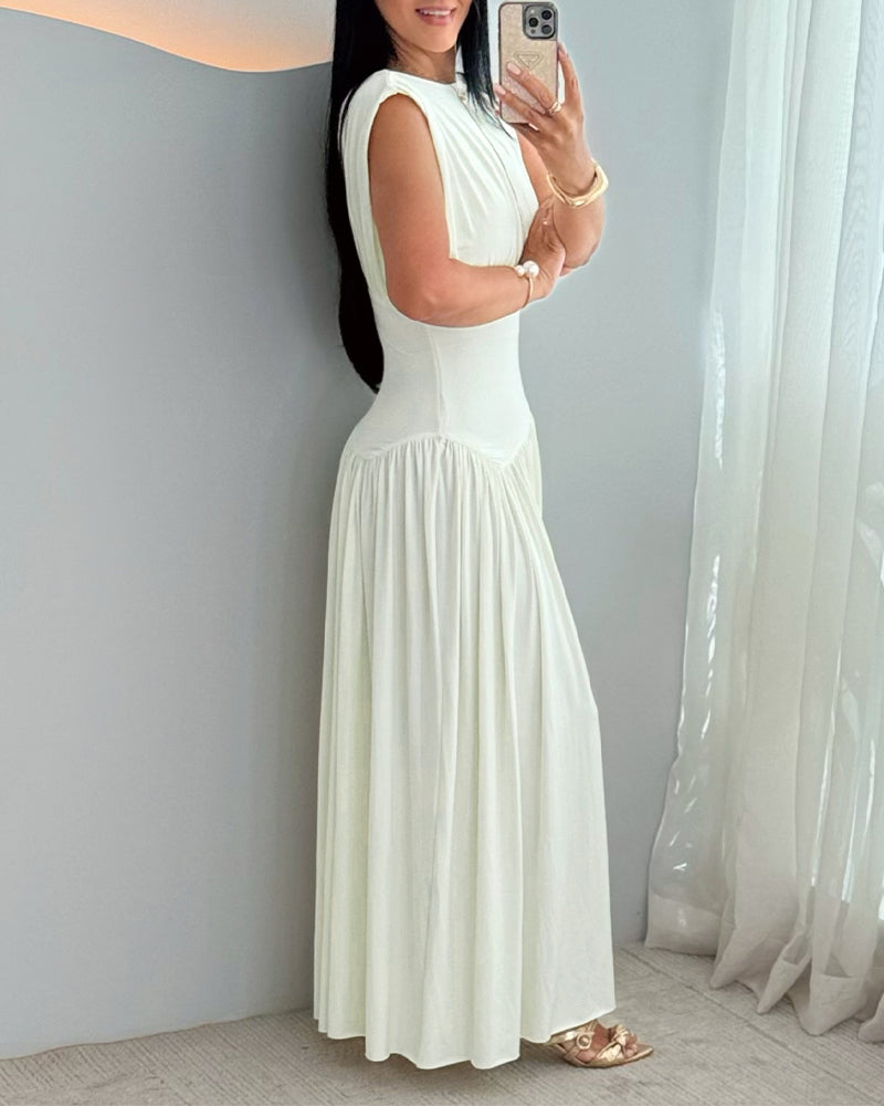 Women's Deep V-Neck Ruched Maxi Dress Elegant Front & Back Reversible Flowy Gown High-Waisted A-Line Evening Party Dress