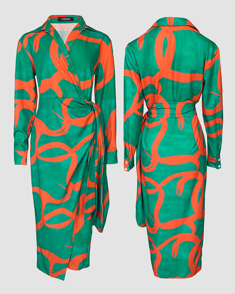 Abstract Print Turn-down Collar Tied Detail Ruched Dress Casual Wrap Front Vacation Dress