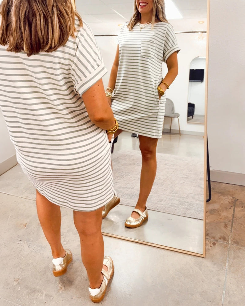 Women's Striped Tee Dress Casual Loose Short Sleeve Mini Dress Crewneck Loungewear with Pockets
