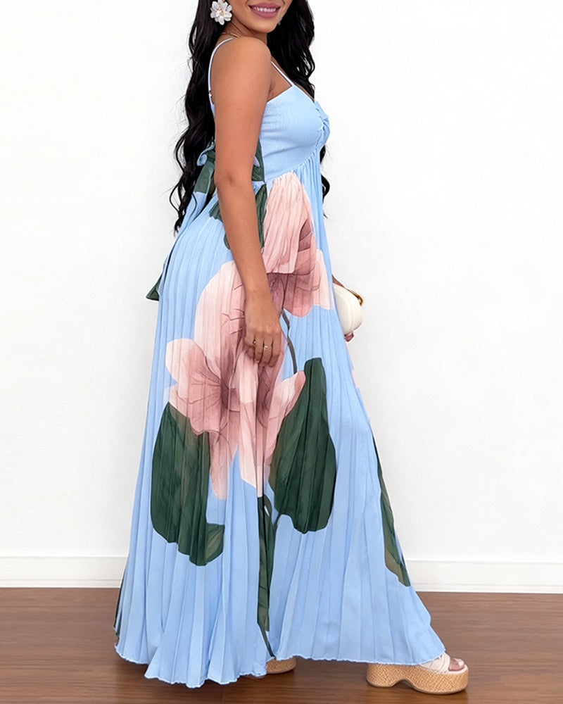 Floral Placement Print Sweetheart Neck Adjustable Spaghetti Straps Backless Maxi Dress Casual Cinched Waist Tie Back Pleated Vacation Dress