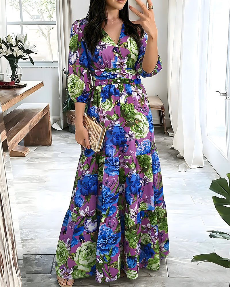 Women's Floral V Neck Maxi Dress Shirred Back Ruffle Hem A-Line Vacation Dress