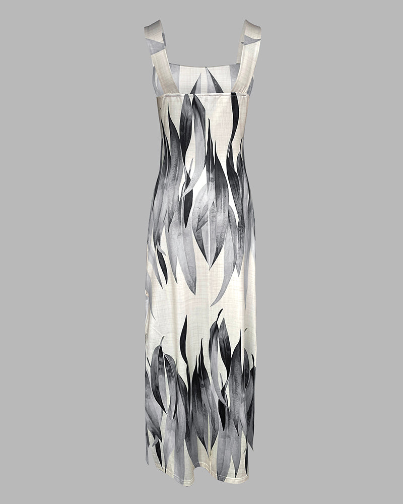 Plants Print Square Neck Thick Strap Maxi Dress Casual Slim Fit Side Slit Vacation Dress with Pockets
