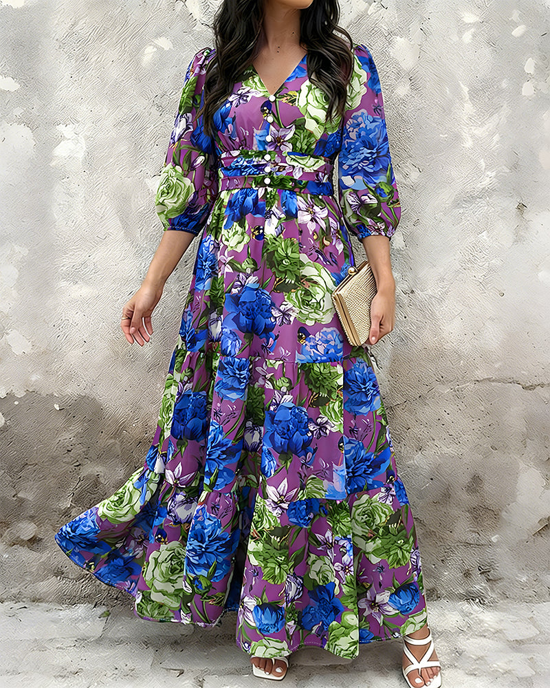 Women's Floral V Neck Maxi Dress Shirred Back Ruffle Hem A-Line Vacation Dress