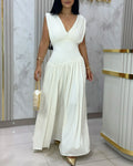 Women's Deep V-Neck Ruched Maxi Dress Elegant Front & Back Reversible Flowy Gown High-Waisted A-Line Evening Party Dress