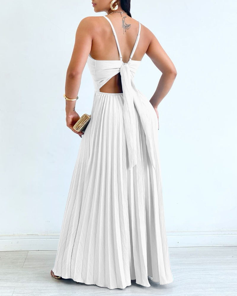 Deep V Neck Adjustable Spaghetti Straps Backless Pleated Dress Elegant Zipper Side Tie Back Maxi Dress