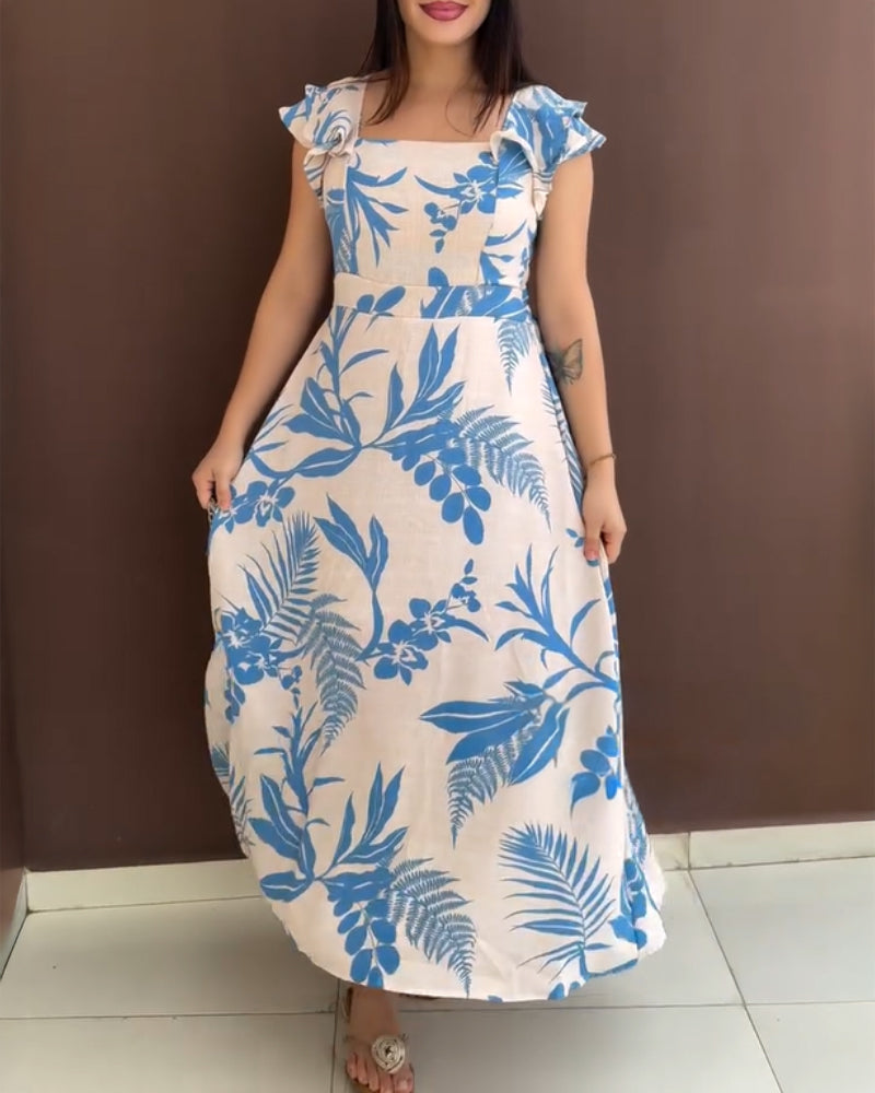 Tropical Plants Print Square Neck Flutter Sleeve Backless Maxi Dress Casual Shirred Back Cinched Waist Vacation Dress