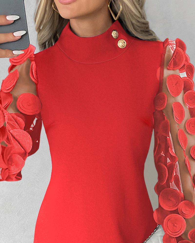 Floral Pattern Sheer Mesh Patch Casual Dress