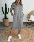 Women's V-Neck Side Slit Casual Dress Short Sleeve Contrast Stitching Midi Dress with Pockets