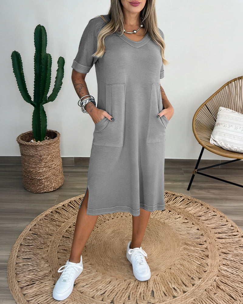 Women's V-Neck Side Slit Casual Dress Short Sleeve Contrast Stitching Midi Dress with Pockets