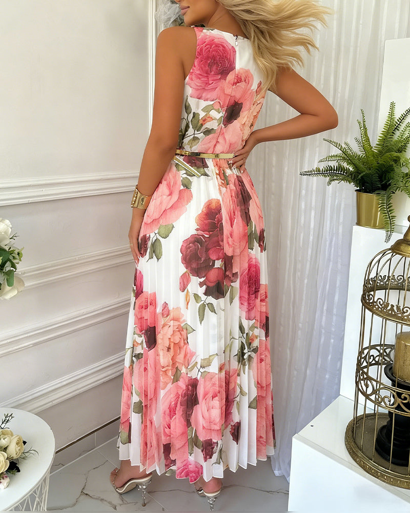 Floral Print Cowl Neck Sleeveless Pleated Dress Elegant Zipper Back Vacation Dress with Belt