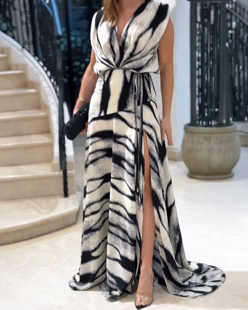 Abstract Pattern Deep V-Neck Sleeveless Ruched Maxi Dress Elegant Tie Waist Side Slit Evening Dress