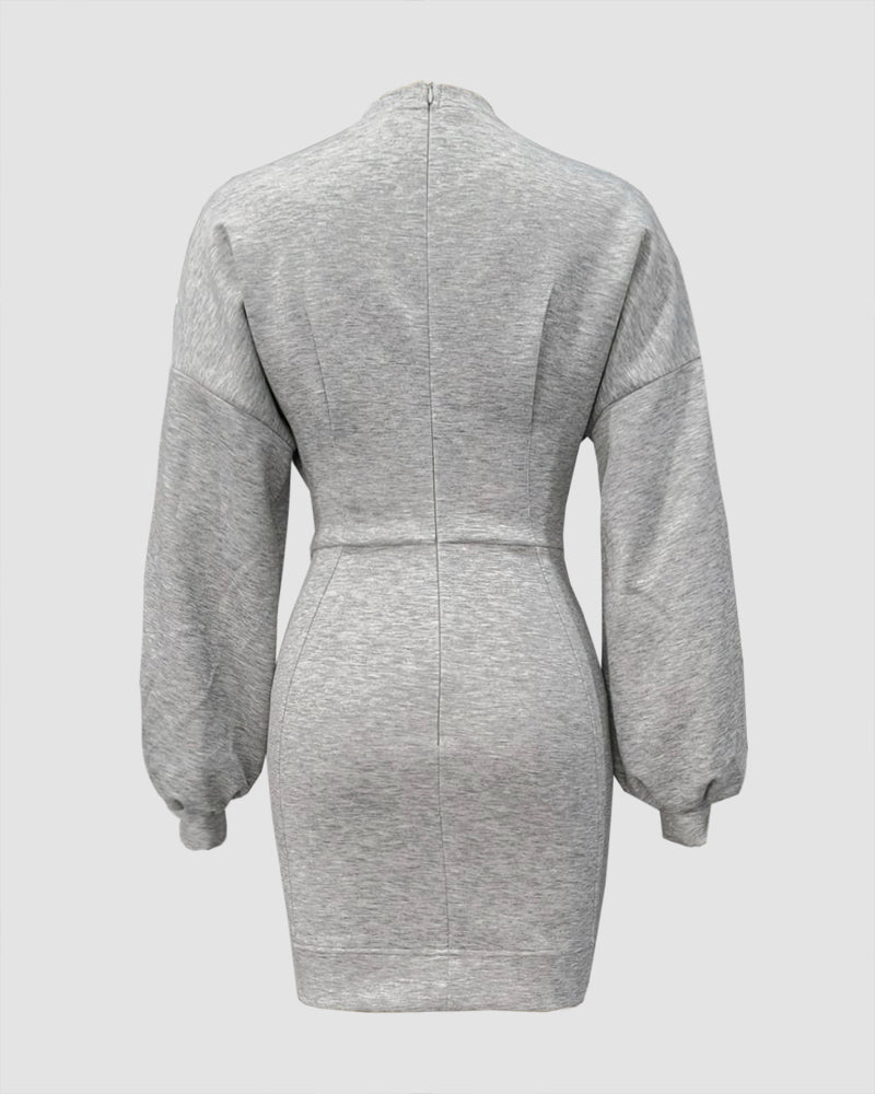 Lantern Sleeve Bodycon Pullover Sweatshirt Dress Crew Neck Mini Dress