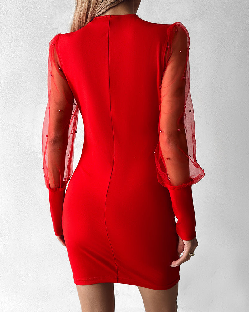 Beaded Mesh Long Sleeve Dress V-Neck Ruched Mini Cocktail Party Dress