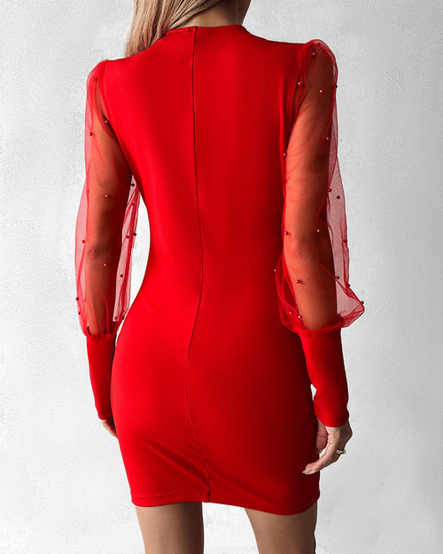 Beaded Mesh Long Sleeve Dress V-Neck Ruched Mini Cocktail Party Dress