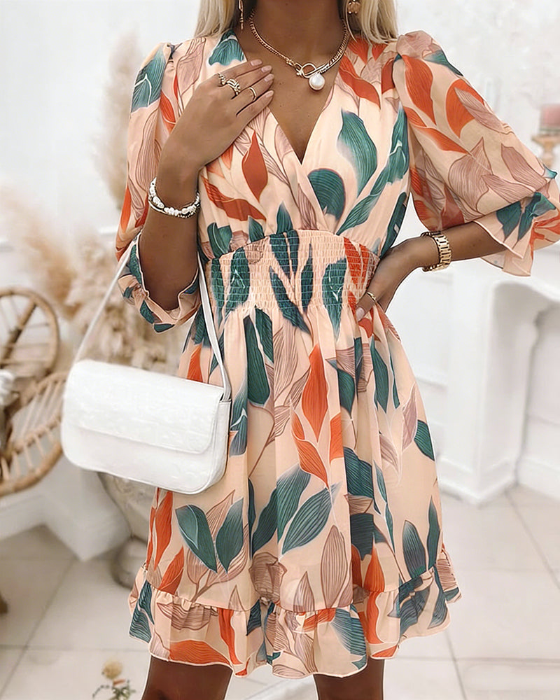 Women's Colorblock Leaf Print Midi Dress Overlap V-Neck Three Quarters Sleeve Shirred Waist Ruffle Hem A-Line Vacation Dress