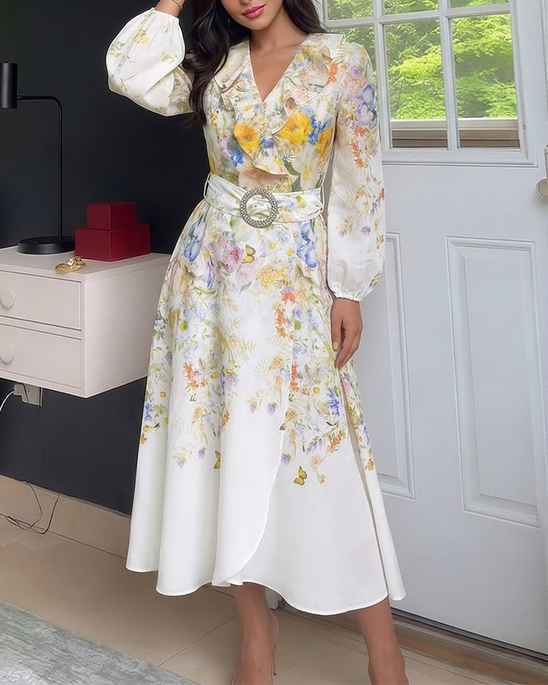 Women’s Floral Print Ruffle V Neck Wrap Midi Dress Lantern Sleeve High Waist A-Line Vacation Dress with Belt