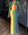 Tie Dye Print Cowl Neck Long Sleeve Backless Maxi Dress Slim Fit Zipper Back Ruched Mermaid Hem Evening Dress