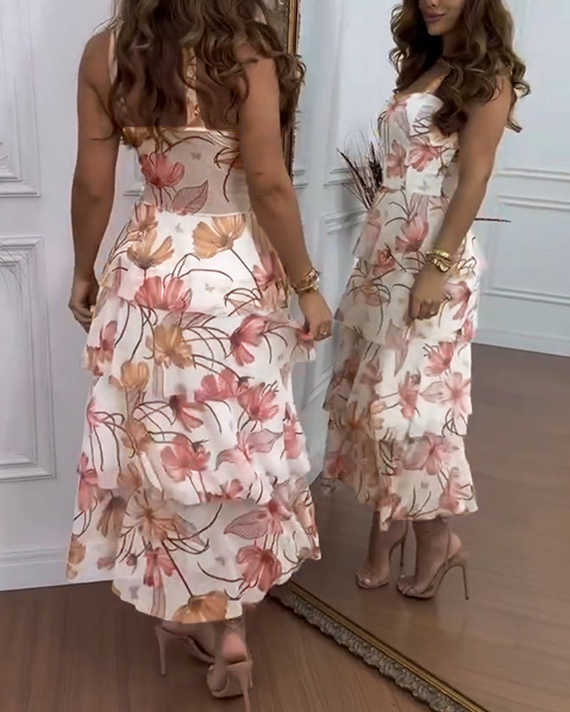 Women's Floral Print Mesh Tiered Maxi Dress High Waist Ruffle Hem Camisole Dress Sleeveless Sweetheart Neck Vacation Sundress
