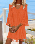 Large Swiss Dot  V-Neck Bell Sleeve Mini Dress Casual Loose Fit Dress