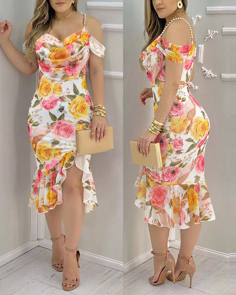 Women's Watercolor Rose Print Mesh Asymmetrical Hem Dress Pearl Beaded Stretchy Straps Cowl Neck Ruched Side Slit Bodycon Dress