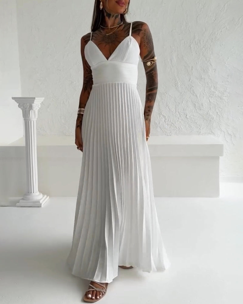 Deep V Neck Adjustable Spaghetti Straps Backless Pleated Dress Elegant Zipper Side Tie Back Maxi Dress