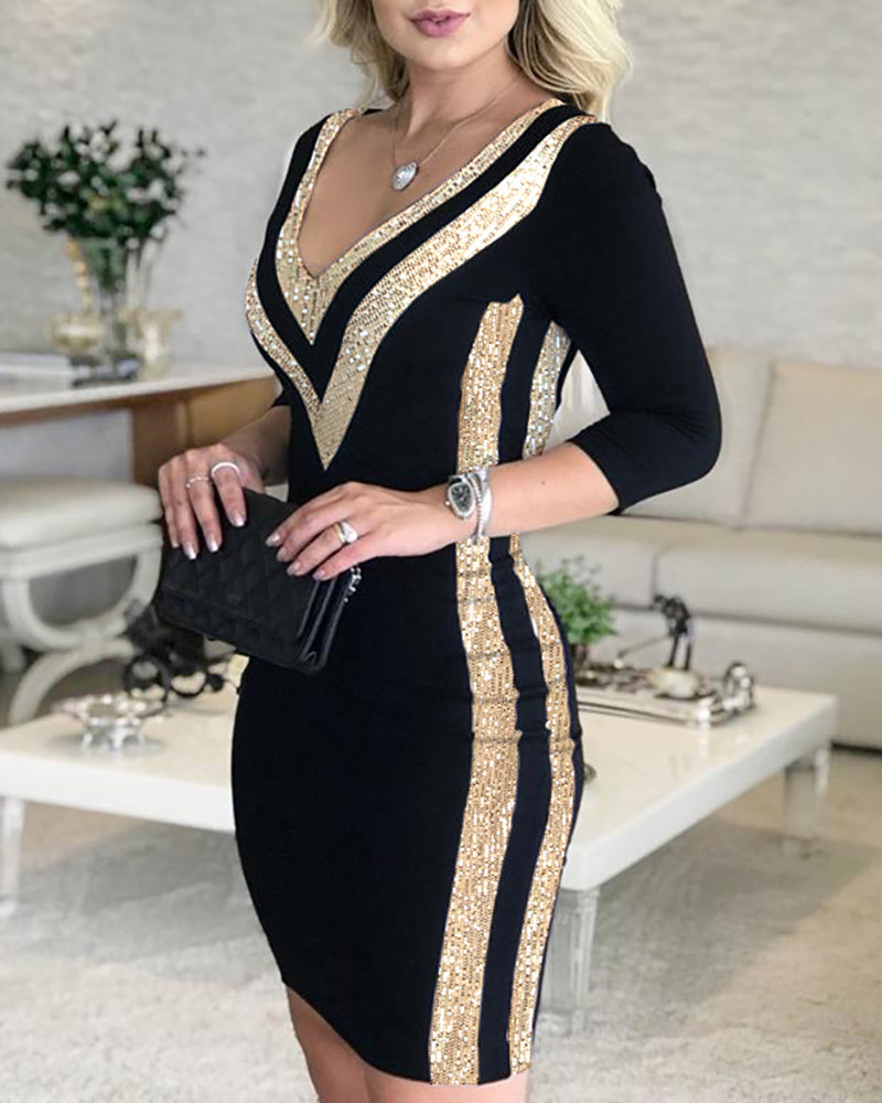 Contrast Sequin V-Neck Bodycon Dress Sexy Slim Fit Midi Dress
