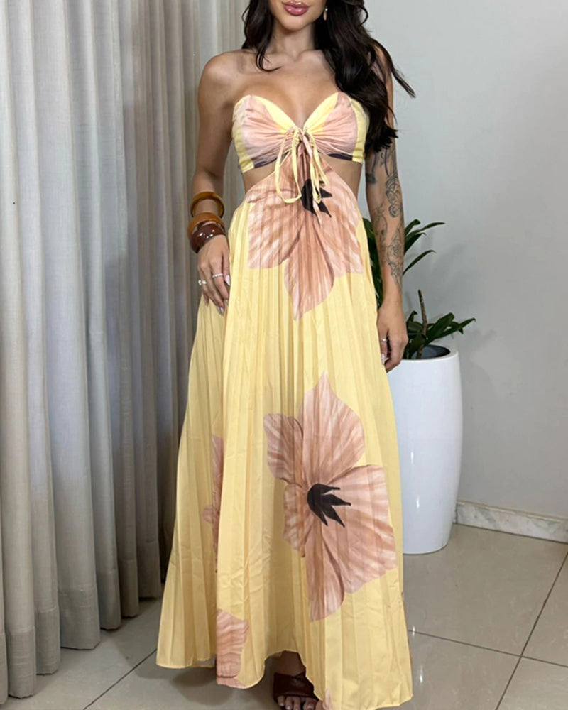 Women's Sexy Halter Tie Floral Maxi Dress Cutout Backless Pleated A-Line Dress Casual Shirred Back Vacation Dress