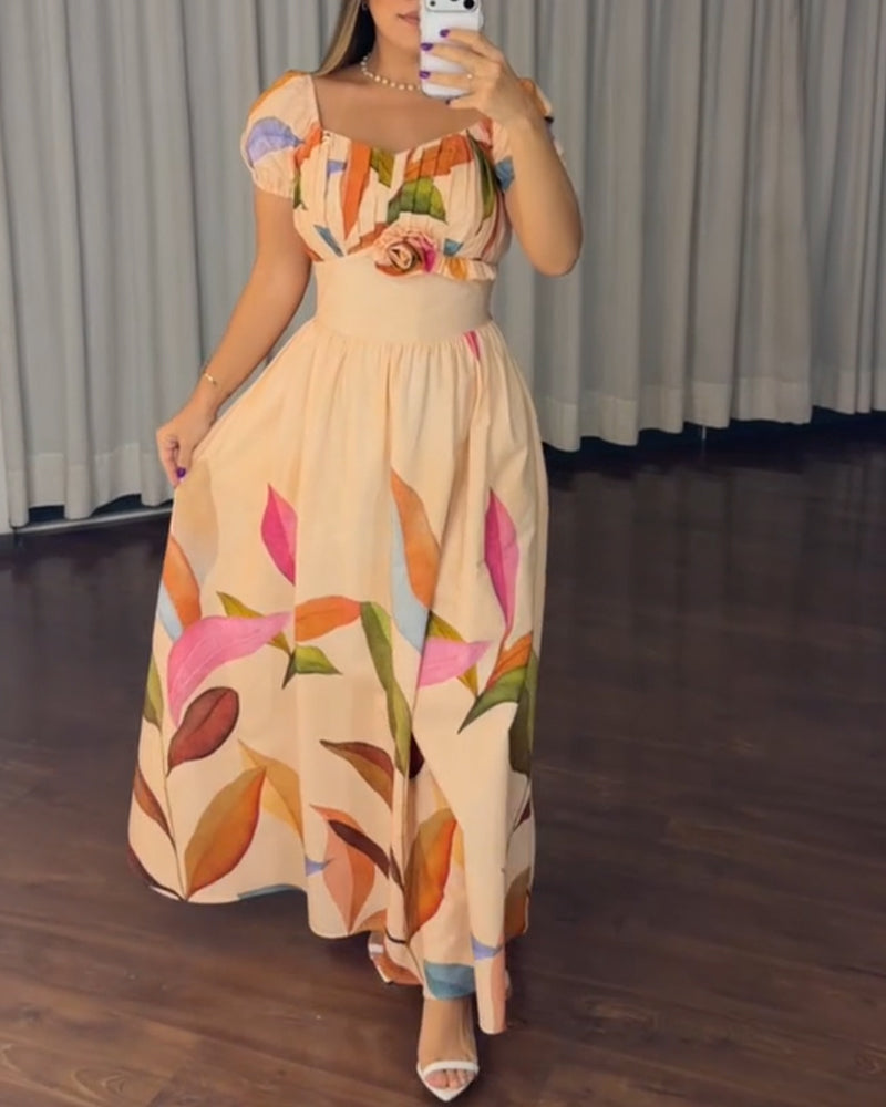 Women's Botanical Print Maxi Dress Vintage Puff Sleeve V-Neck A-Line Dress 3D Flower Detail Shirred Back Vacation Dress with Pockets