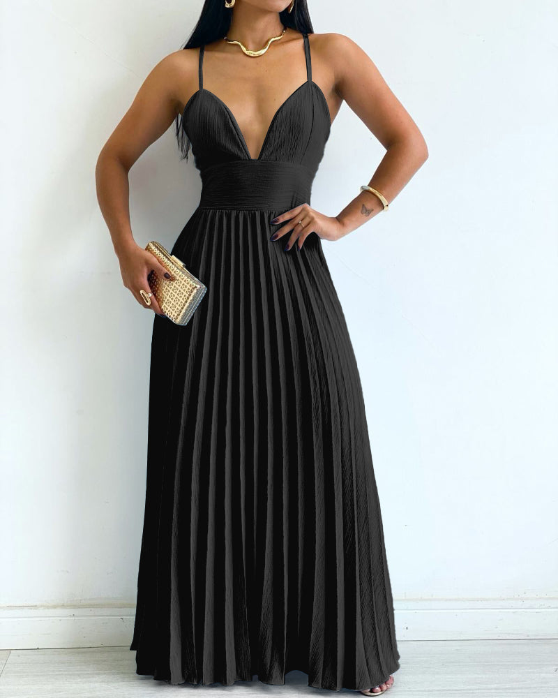 Deep V Neck Adjustable Spaghetti Straps Backless Pleated Dress Elegant Zipper Side Tie Back Maxi Dress