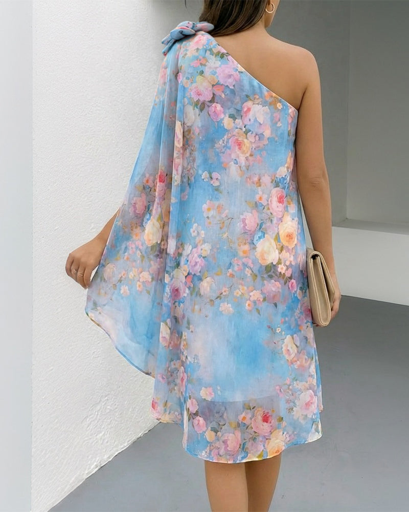 Women's Floral Print One-Shoulder Chiffon Dress 3D Floral Decor Split Sleeve Loose A-Line Mini Dress