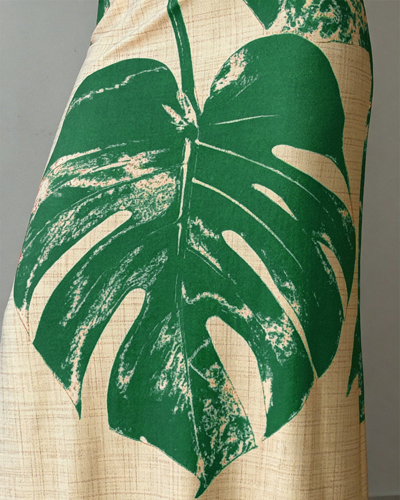 Women's Tropical Monstera Leaf Print One Shoulder Maxi Dress Side Slit Bodycon Dress with Pockets and Zipper