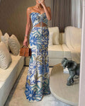 Women's Tropical Floral Bandeau Dress Sexy Drawstring Cutout Shirred Waist Mermaid Dress Ruffle Hem Vacation Maxi Dress