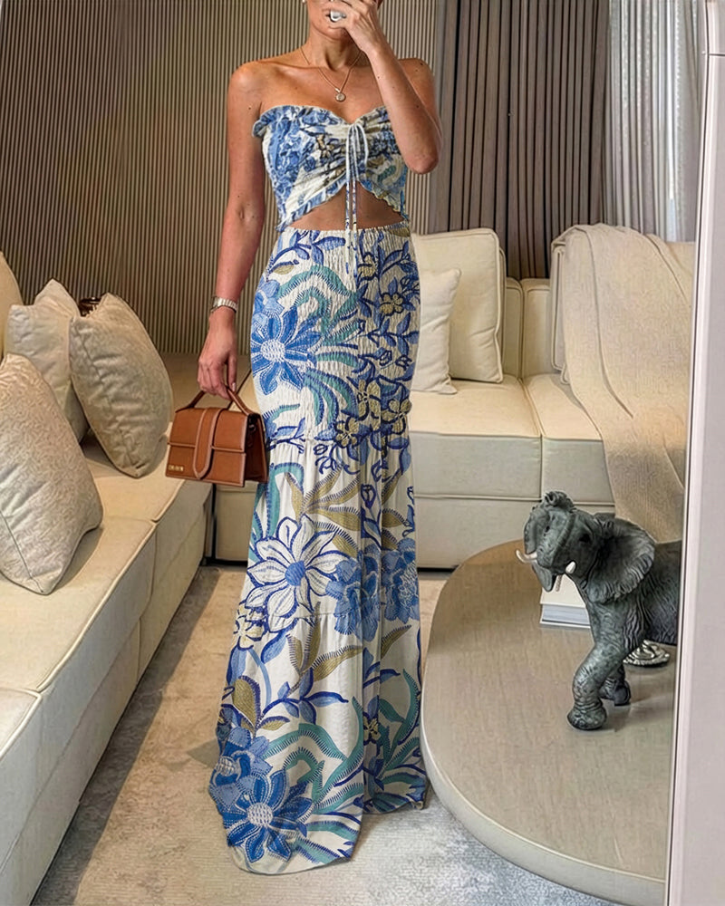 Women's Tropical Floral Bandeau Dress Sexy Drawstring Cutout Shirred Waist Mermaid Dress Ruffle Hem Vacation Maxi Dress