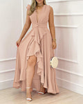 Deep V-Neck Sleeveless Ruched Ruffle Hem Slit Prom Dress Elegant Twist Front Zipper Back Evening Dress