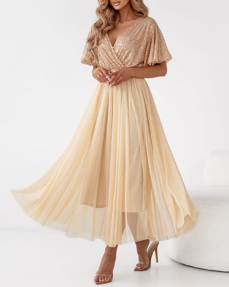 Women's Sequin Overlap V Neck Maxi Dress Sheer Mesh Spliced Gown Butterfly Sleeve A-Line Evening Party Formal Dress with Belt